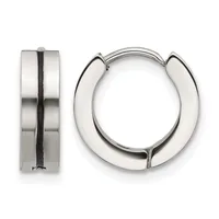 Two polished silver-toned chunky hoop earrings with a grooved center stripe detail, shown from front and side views.