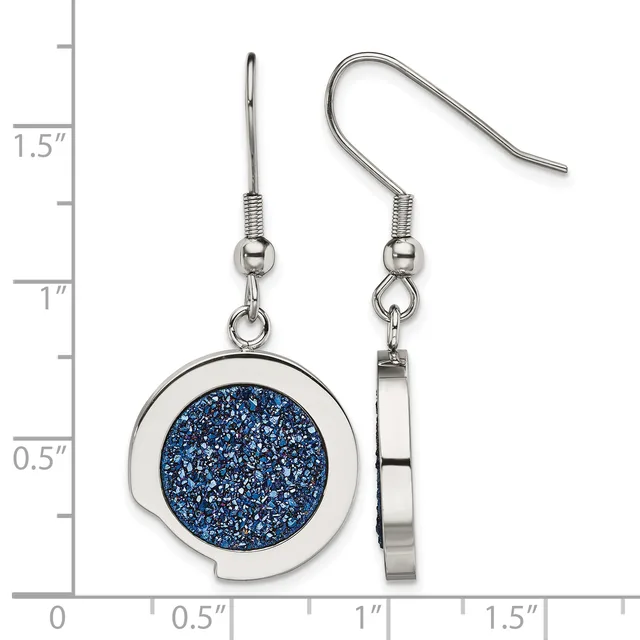 A pair of stainless steel dangle earrings with round bezels containing blue glitter accents, shown against a measurement scale indicating approximately 1.5 inches in length.