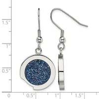 A pair of stainless steel dangle earrings with round bezels containing blue glitter accents, shown against a measurement scale indicating approximately 1.5 inches in length.