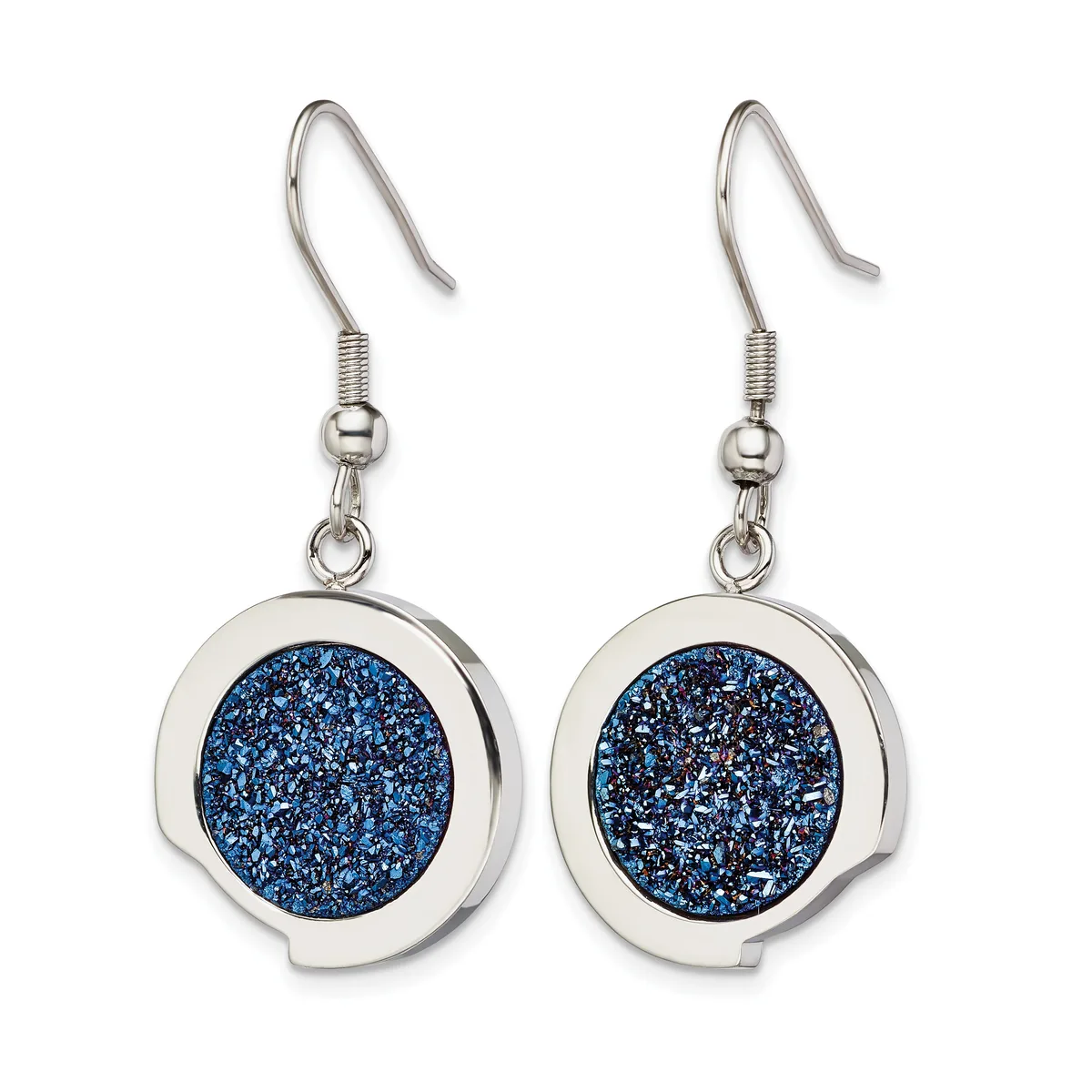 A pair of silver-tone earrings with circular blue glitter pendants hanging from fish hook wires with small ball and coil connectors.