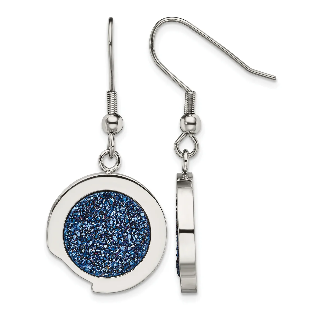 Pair of silver-tone dangle earrings with blue glitter disc pendants, shown from front and side views.