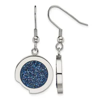 Pair of silver-tone dangle earrings with blue glitter disc pendants, shown from front and side views.