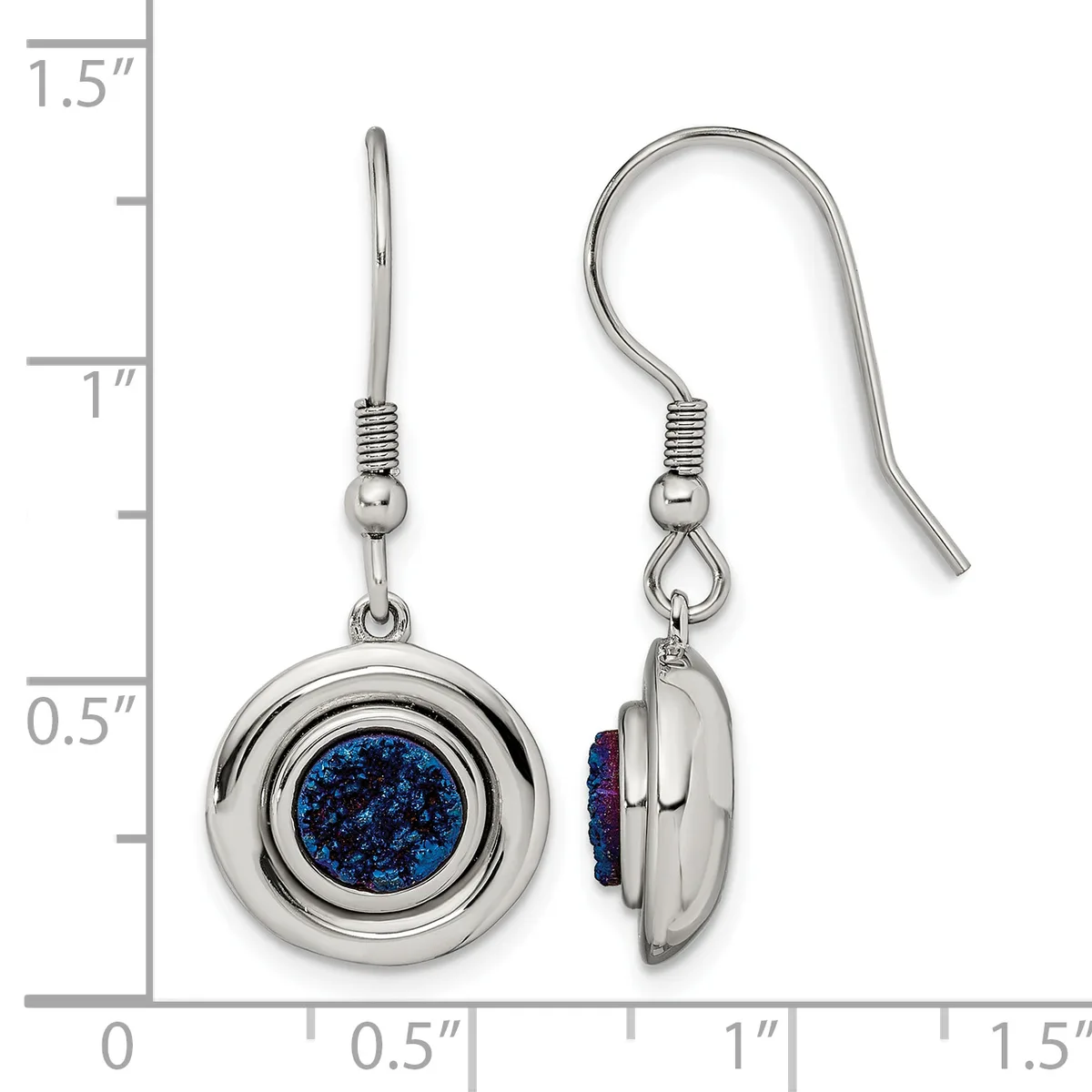 A pair of silver-toned circular dangle earrings with blue glitter-filled centers, shown front and side view against a measurement scale.