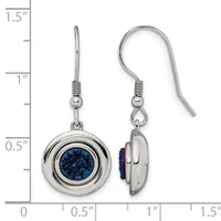 A pair of silver-toned circular dangle earrings with blue glitter-filled centers, shown front and side view against a measurement scale.