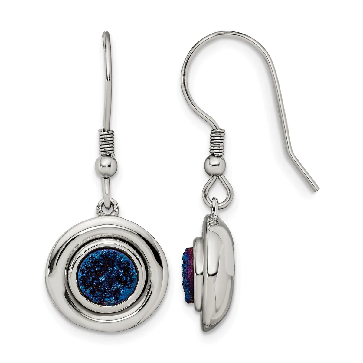 Pair of silver-toned dangle earrings with blue glitter circular pendants, shown from front and side views with shepherd's hook closures.
