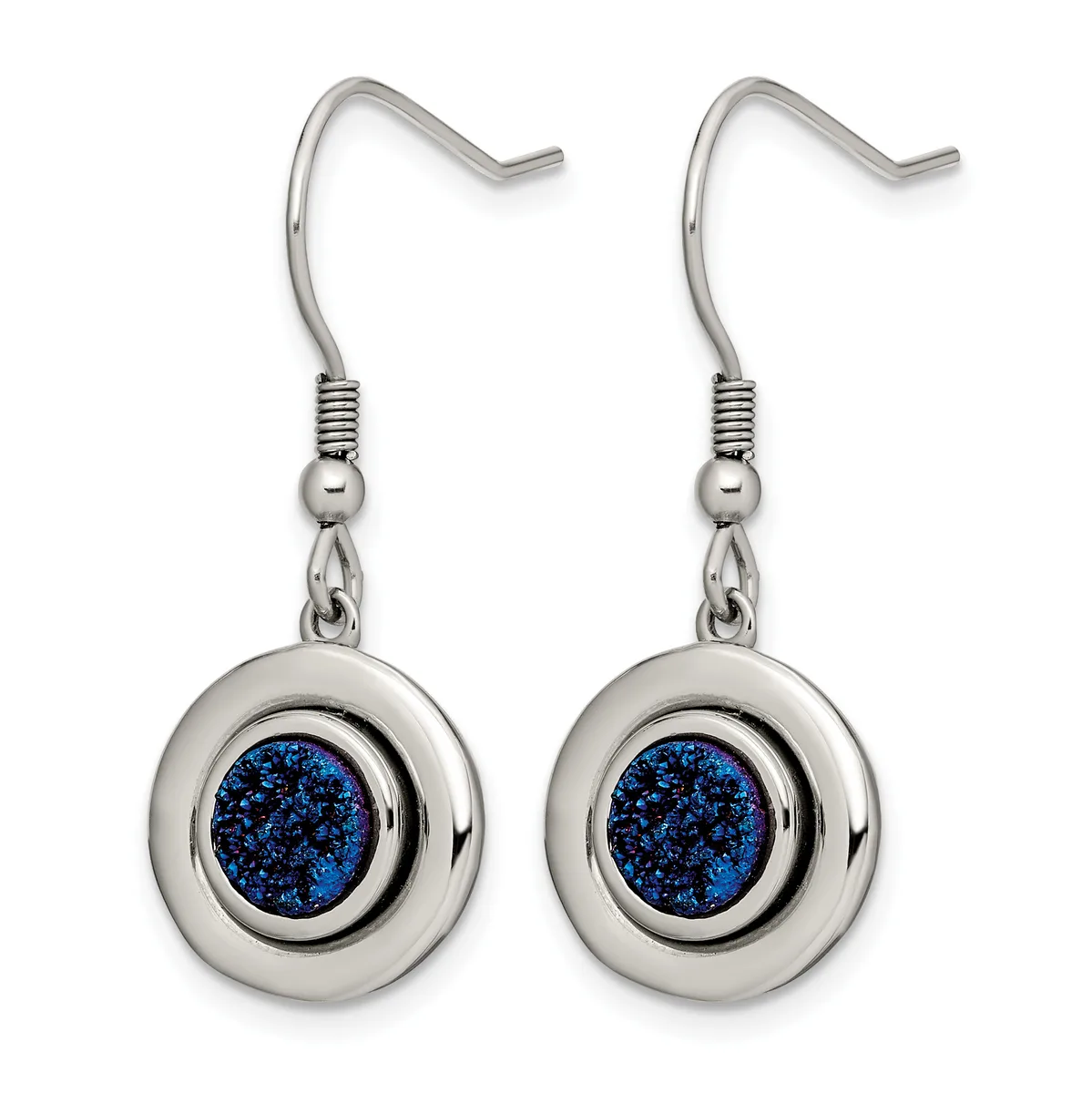 Pair of silver-toned drop earrings with round bezels containing blue sparkly centers, suspended from curved hooks with coiled details.