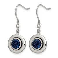 Pair of silver-toned drop earrings with round bezels containing blue sparkly centers, suspended from curved hooks with coiled details.