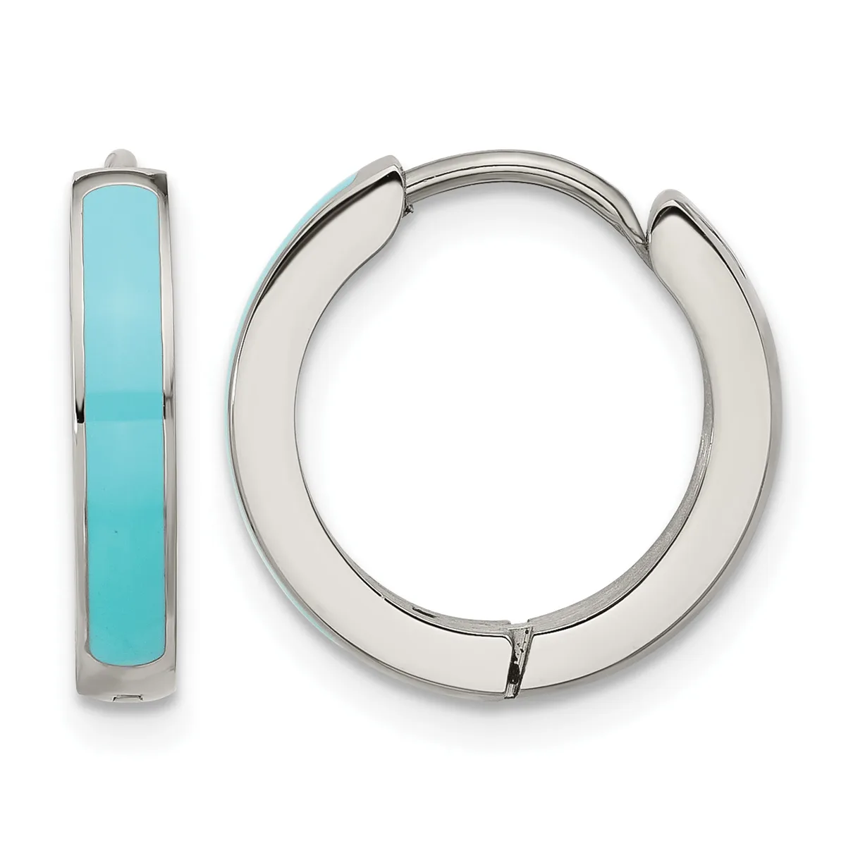 A pair of silver hoop earrings with turquoise stone inlay shown from the front and side view.