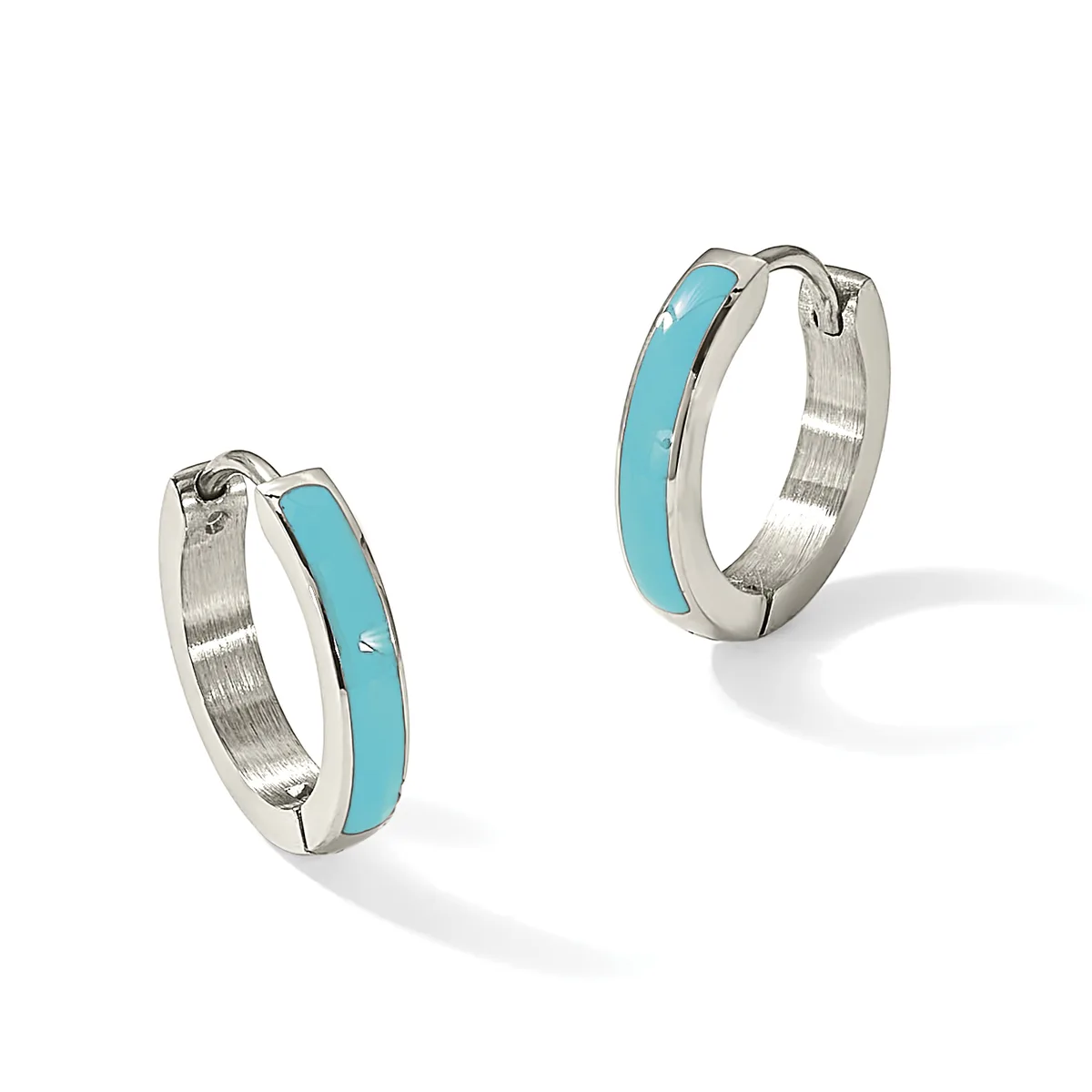 A pair of silver hoop earrings with turquoise inlay strips, shown from two angles to display the front and side views.