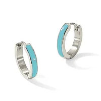 A pair of silver hoop earrings with turquoise inlay strips, shown from two angles to display the front and side views.