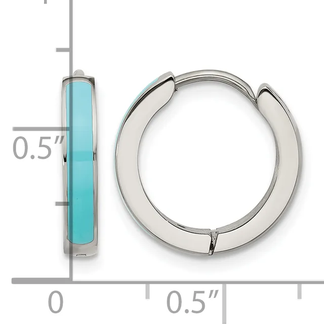 Silver hoop earrings with turquoise rectangular stone inlay, shown from front and side views with measurement scale indicating 0.5 inch width.
