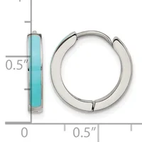 Silver hoop earrings with turquoise rectangular stone inlay, shown from front and side views with measurement scale indicating 0.5 inch width.