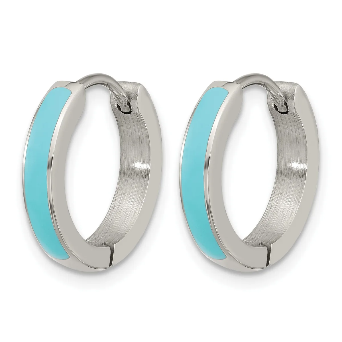 A pair of silver hoop earrings with turquoise enamel inlay on the outer curved surface, shown from the front against a white background.