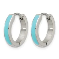 A pair of silver hoop earrings with turquoise enamel inlay on the outer curved surface, shown from the front against a white background.