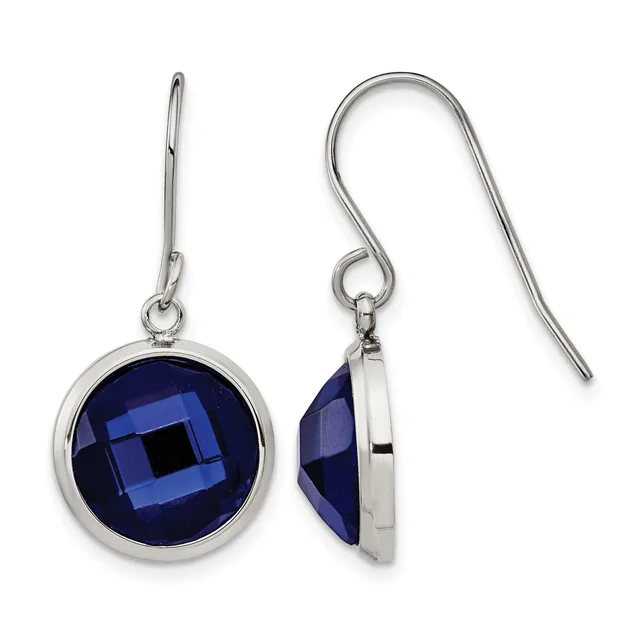 Pair of silver drop earrings with faceted round sapphire blue stones set in circular bezels, shown from front and side views.