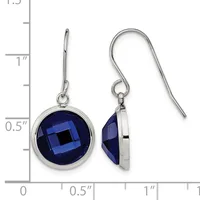 A pair of silver dangle earrings with faceted dark blue stone pendants, shown next to a ruler indicating approximately one inch in length.