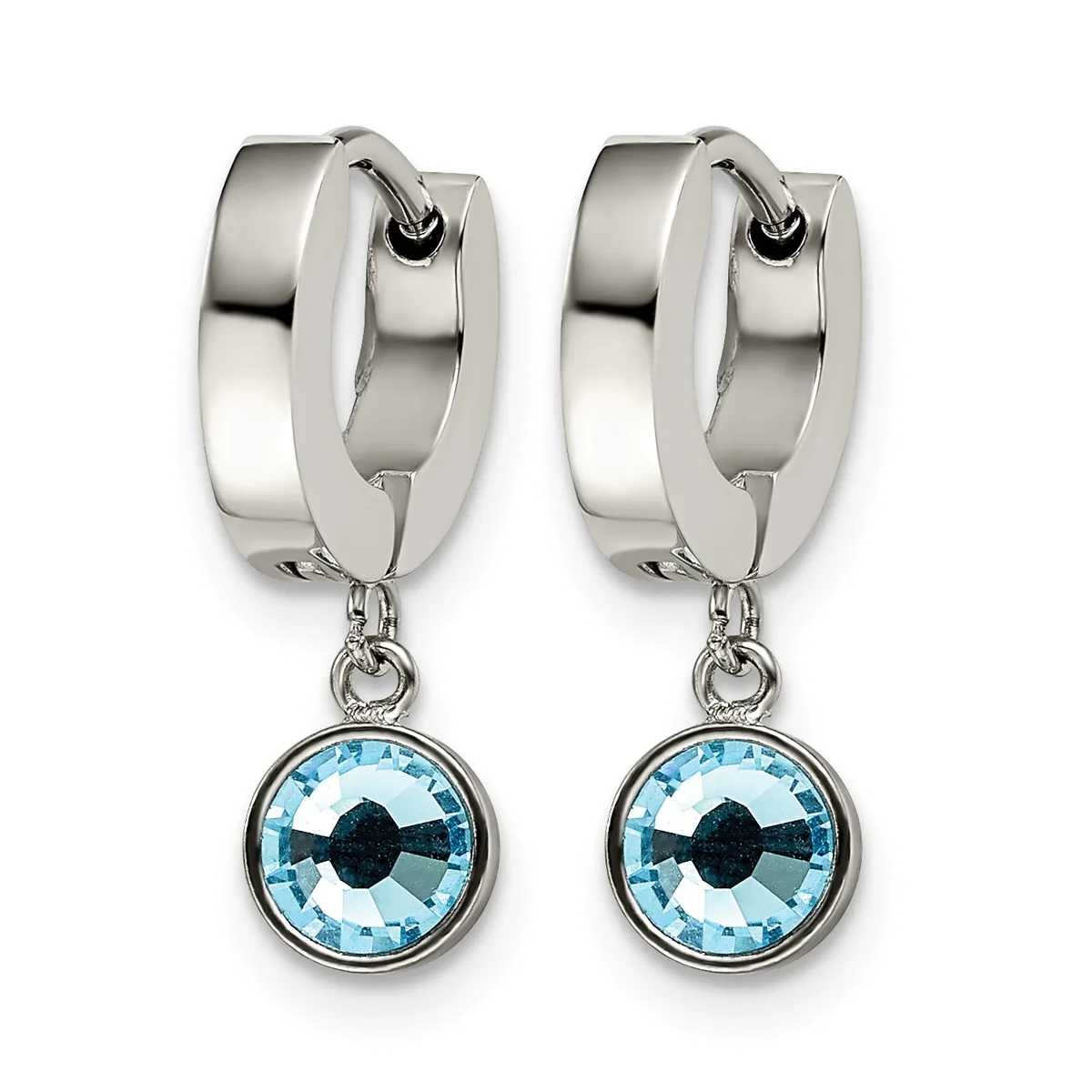 Pair of silver-tone hoop earrings with light blue round crystal pendants featuring dark blue centers.
