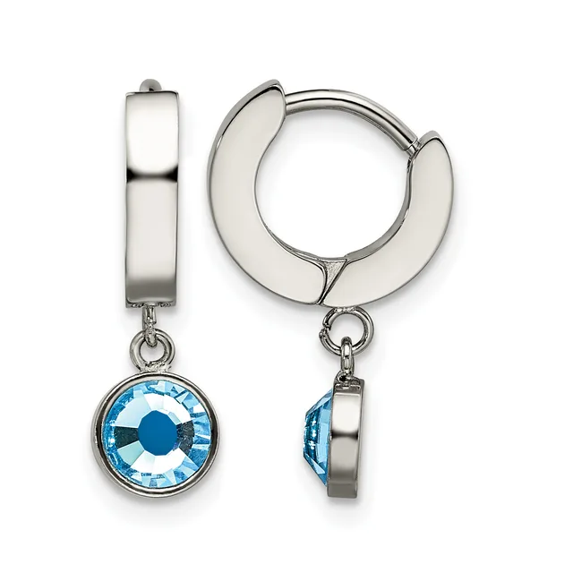 Pair of silver-toned hoop earrings with blue crystal round pendants hanging from hinged posts, shown from front and side views.