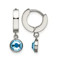 Pair of silver-toned hoop earrings with blue crystal round pendants hanging from hinged posts, shown from front and side views.