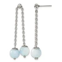 Pair of silver-tone stud earrings with chain drops topped by light blue spherical stones, shown from front and side views.