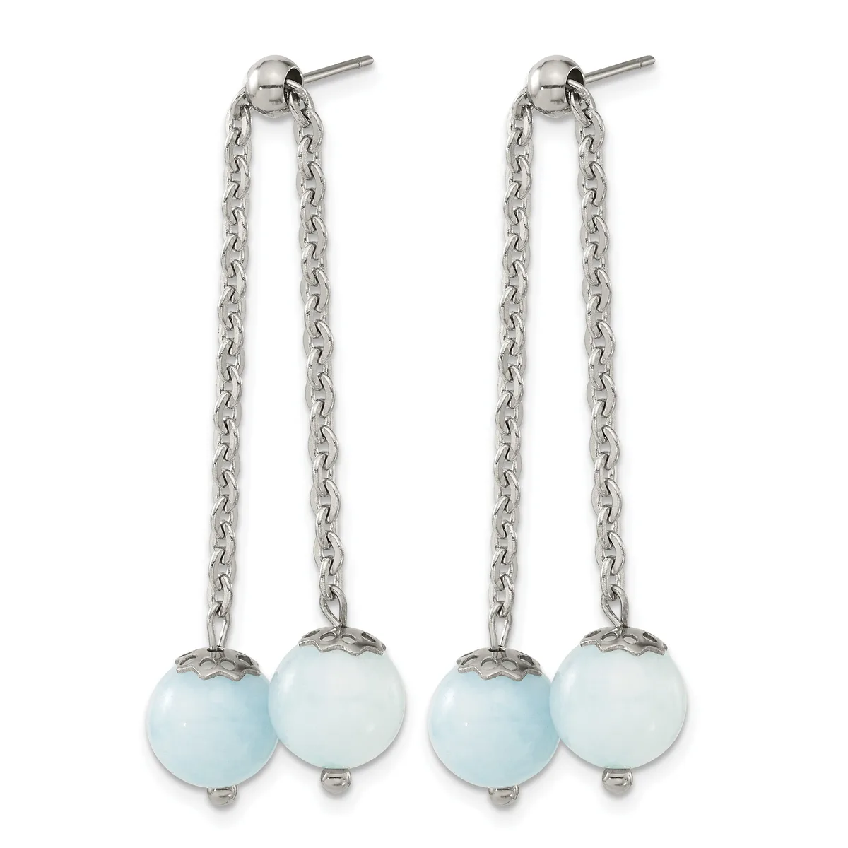 Pair of silver-tone dangle earrings with chain links and light blue spherical gemstone beads suspended below.