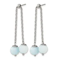 Pair of silver-tone dangle earrings with chain links and light blue spherical gemstone beads suspended below.