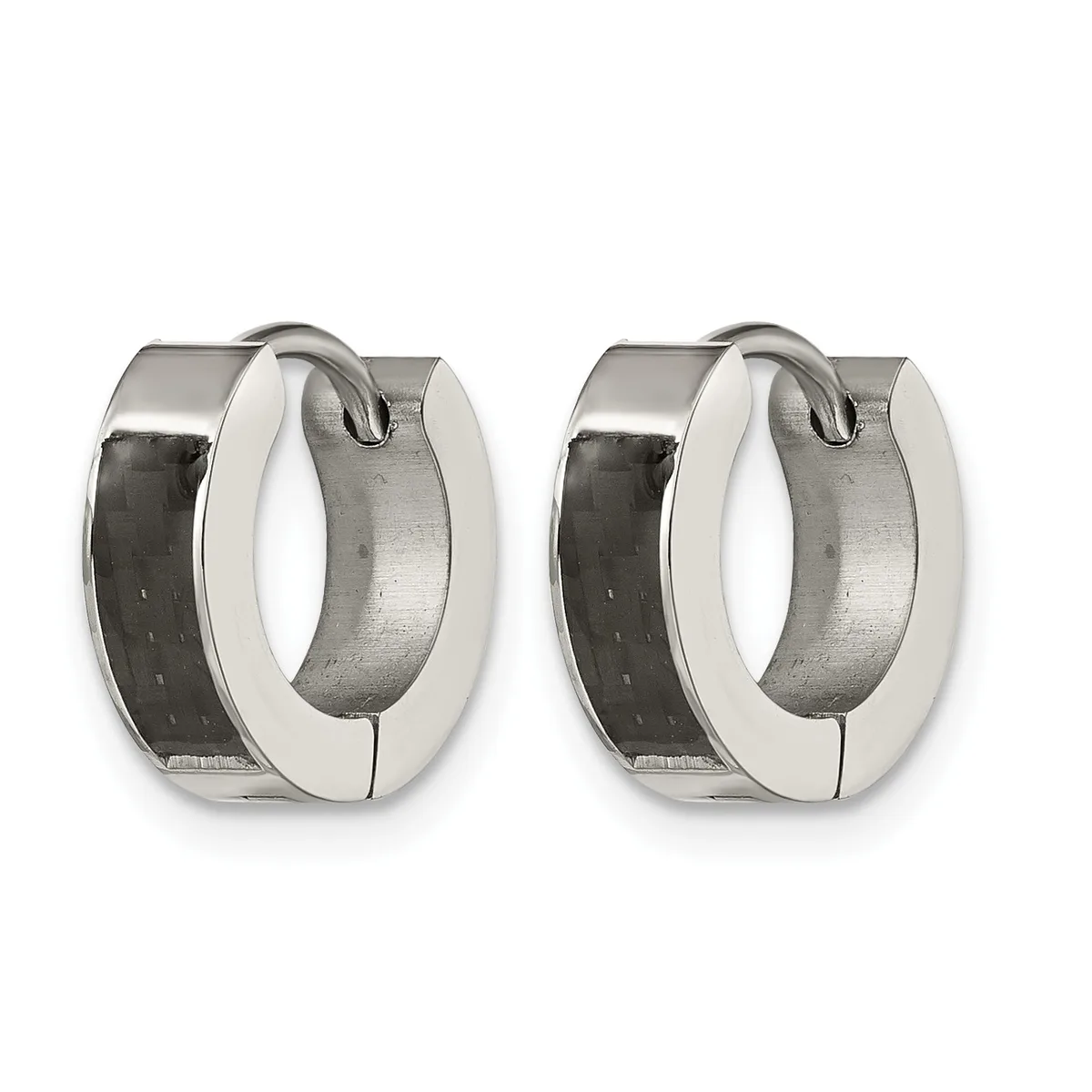 A pair of polished silver-tone hinged hoop earrings with a brushed finish on the outer surface, shown from the front.
