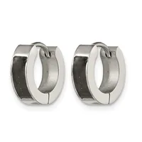 A pair of polished silver-tone hinged hoop earrings with a brushed finish on the outer surface, shown from the front.