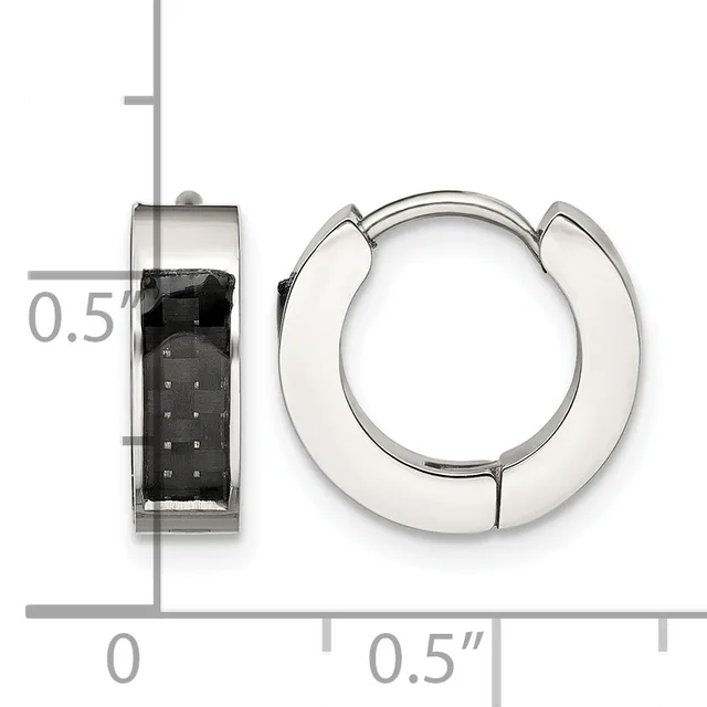 Pair of chunky polished silver hoop earrings with textured black stone or enamel inlay on the inner surface, shown at actual size with measurement scale.