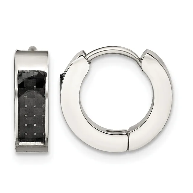 Pair of silver hoop earrings shown from front and side views, featuring a polished finish and hinged closure mechanism.
