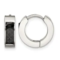 Pair of silver hoop earrings shown from front and side views, featuring a polished finish and hinged closure mechanism.