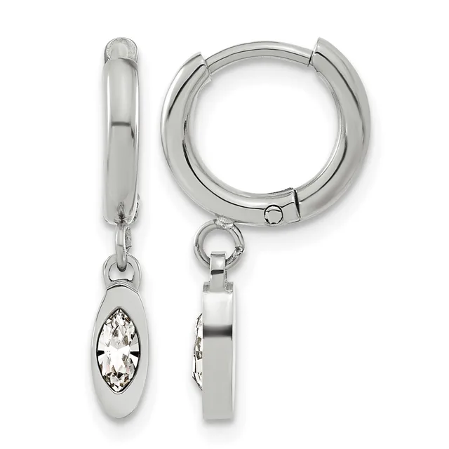 Pair of silver huggie hoop earrings with oval diamond pendants, shown front and side views.