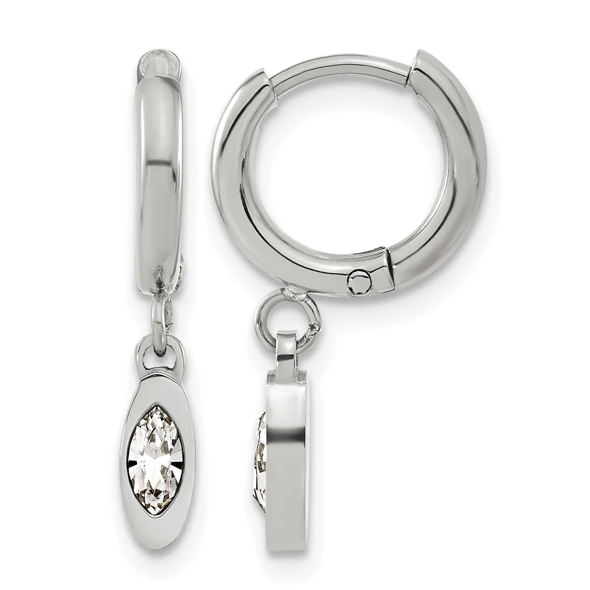 Pair of silver huggie hoop earrings with oval diamond pendants, shown front and side views.