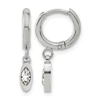 Pair of silver huggie hoop earrings with oval diamond pendants, shown front and side views.
