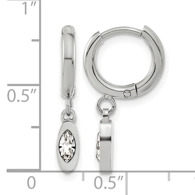 Pair of silver huggie hoop earrings with oval-shaped gemstone pendants, shown with a measurement scale indicating approximately one inch in height.