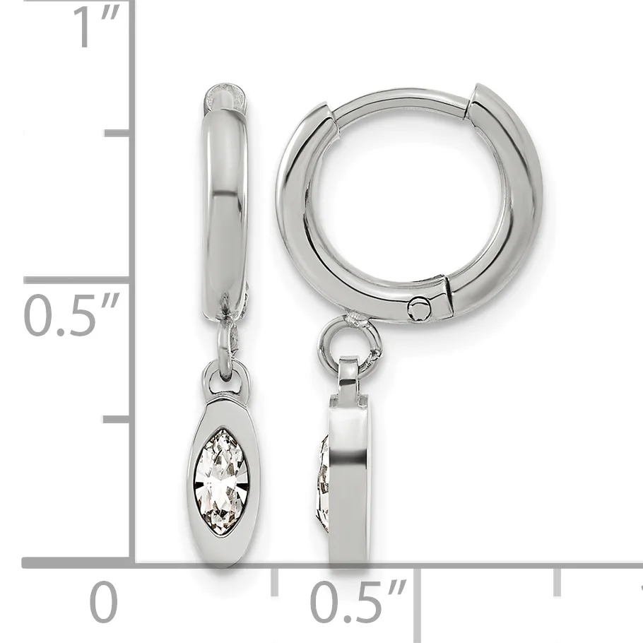 Pair of silver huggie hoop earrings with oval-shaped gemstone pendants, shown with a measurement scale indicating approximately one inch in height.