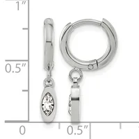Pair of silver huggie hoop earrings with oval-shaped gemstone pendants, shown with a measurement scale indicating approximately one inch in height.