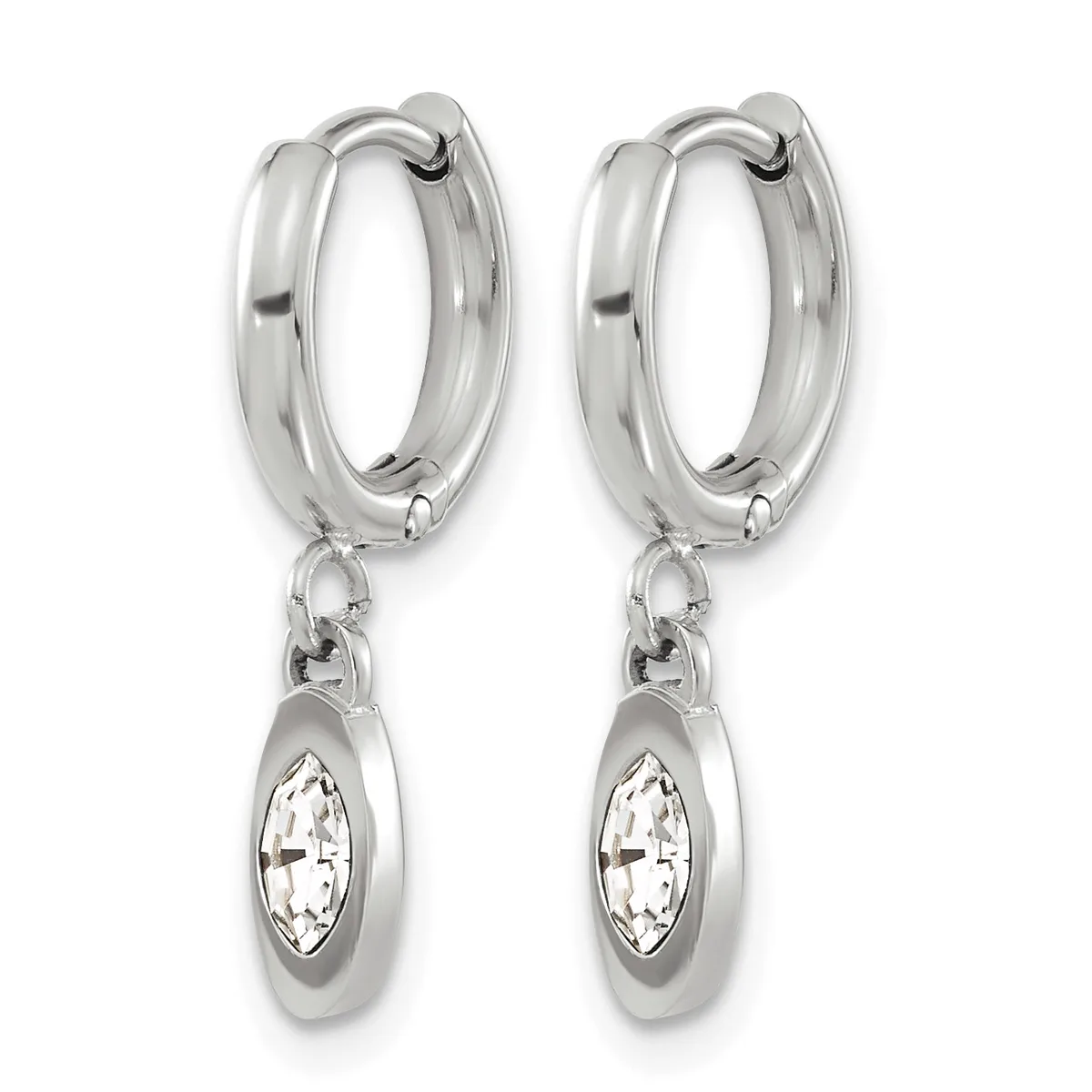 A pair of silver hoop earrings with oval-shaped pendants set with clear marquise-cut crystals, displayed against a white background.
