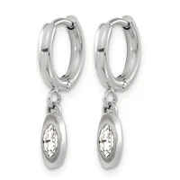 A pair of silver hoop earrings with oval-shaped pendants set with clear marquise-cut crystals, displayed against a white background.
