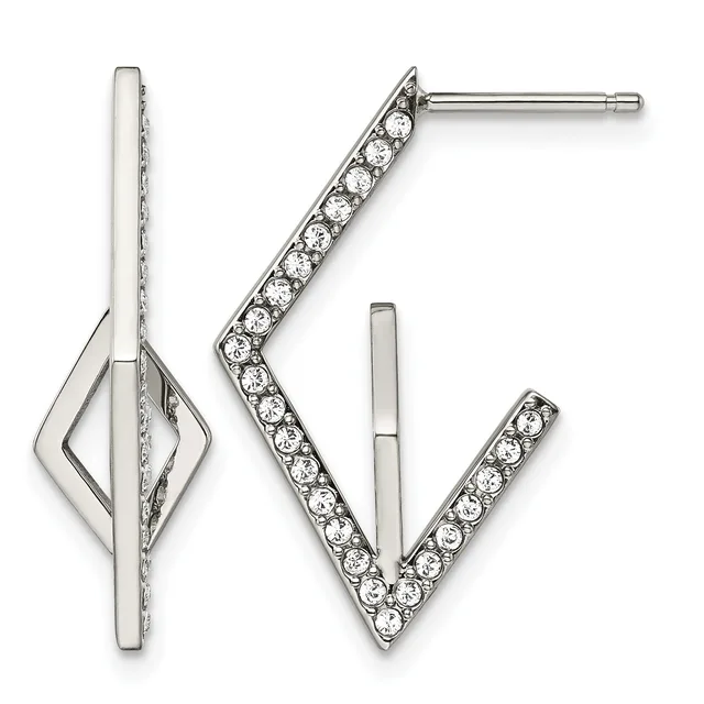 Two silver stud earrings: one with a vertical diamond-shaped outline design, the other a V-shaped chevron pave-set with round rhinestones.