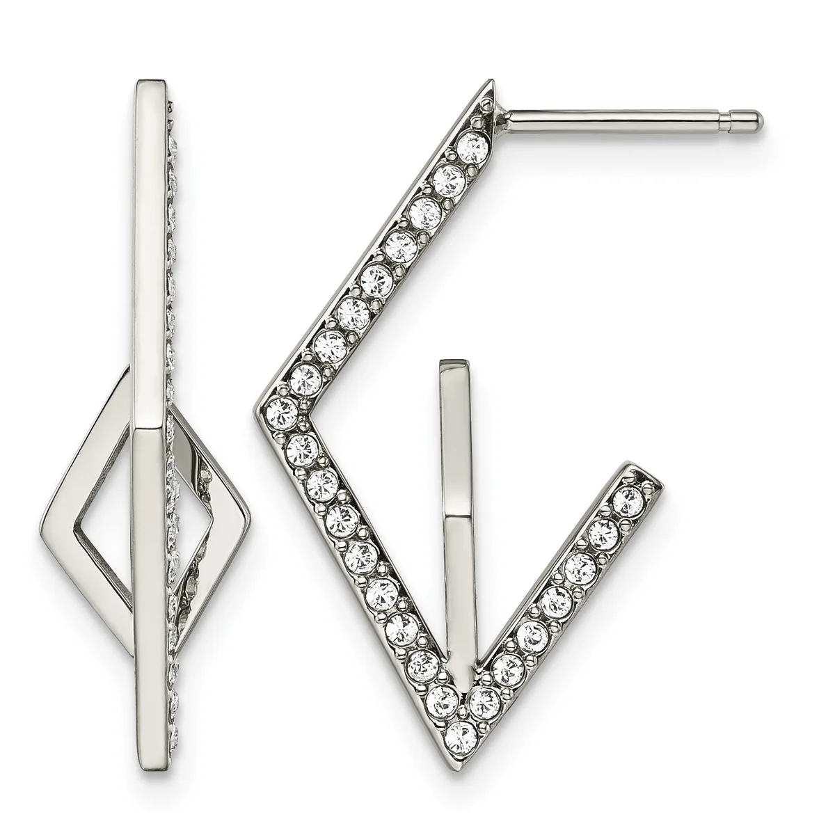 Two silver stud earrings: one with a vertical diamond-shaped outline design, the other a V-shaped chevron pave-set with round rhinestones.