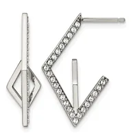 Two silver stud earrings: one with a vertical diamond-shaped outline design, the other a V-shaped chevron pave-set with round rhinestones.