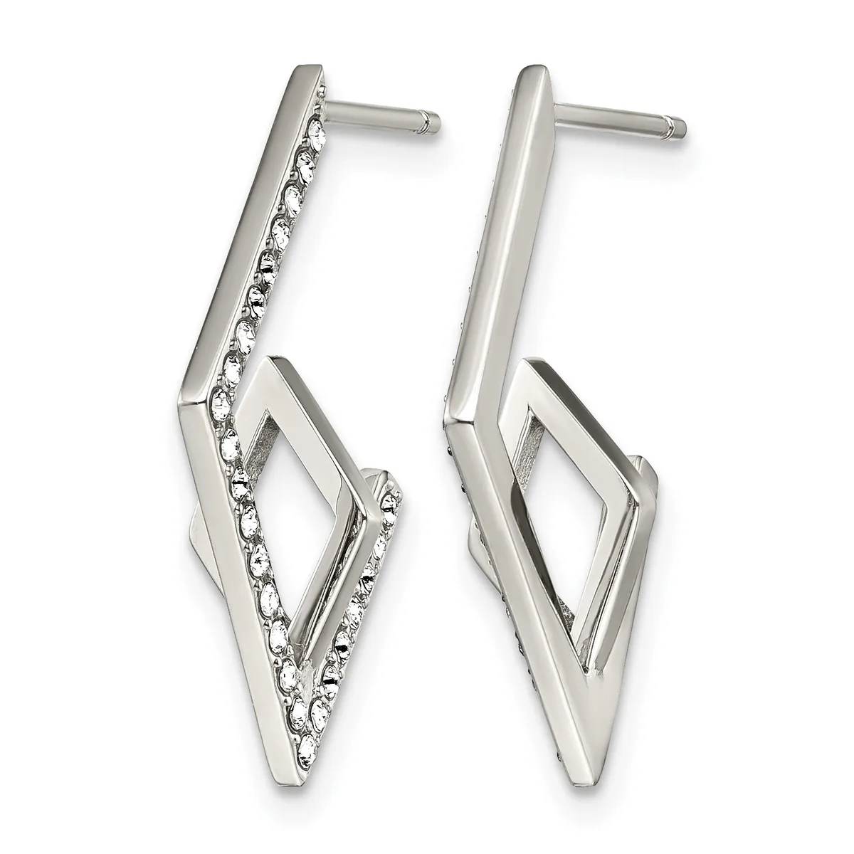A pair of silver-toned drop earrings with angular diamond-shaped frames, one featuring a chain detail and crystals, displayed against a white background.