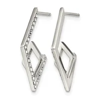 A pair of silver-toned drop earrings with angular diamond-shaped frames, one featuring a chain detail and crystals, displayed against a white background.