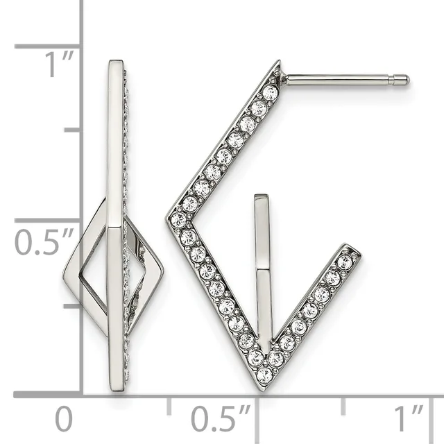 Pair of silver stud earrings with a V-shaped design lined with round crystals, shown front and side view with measurement scale.