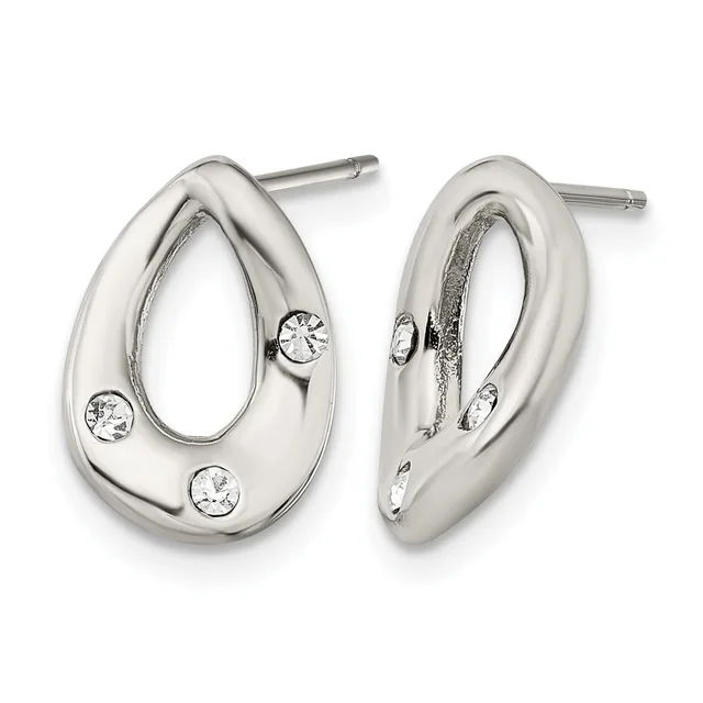 Pair of polished silver teardrop-shaped stud earrings with three round cubic zirconia stones set on each earring, shown from front and side view.