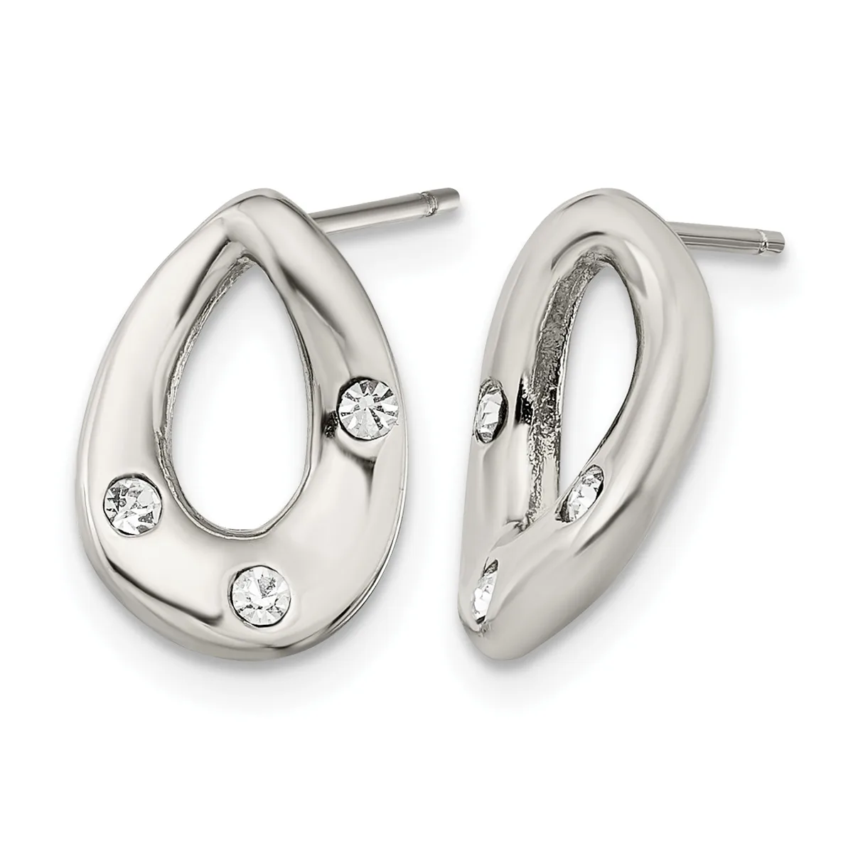 Pair of polished silver teardrop-shaped stud earrings with three round cubic zirconia stones set on each earring, shown from front and side view.