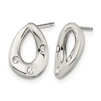 Pair of polished silver teardrop-shaped stud earrings with three round cubic zirconia stones set on each earring, shown from front and side view.