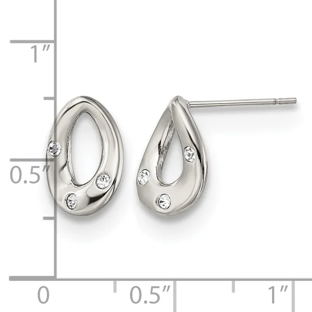 A pair of silver teardrop stud earrings with polished finish and small round diamond accents, shown next to a measurement scale.