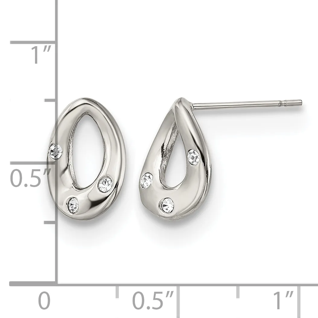 A pair of silver teardrop stud earrings with polished finish and small round diamond accents, shown next to a measurement scale.
